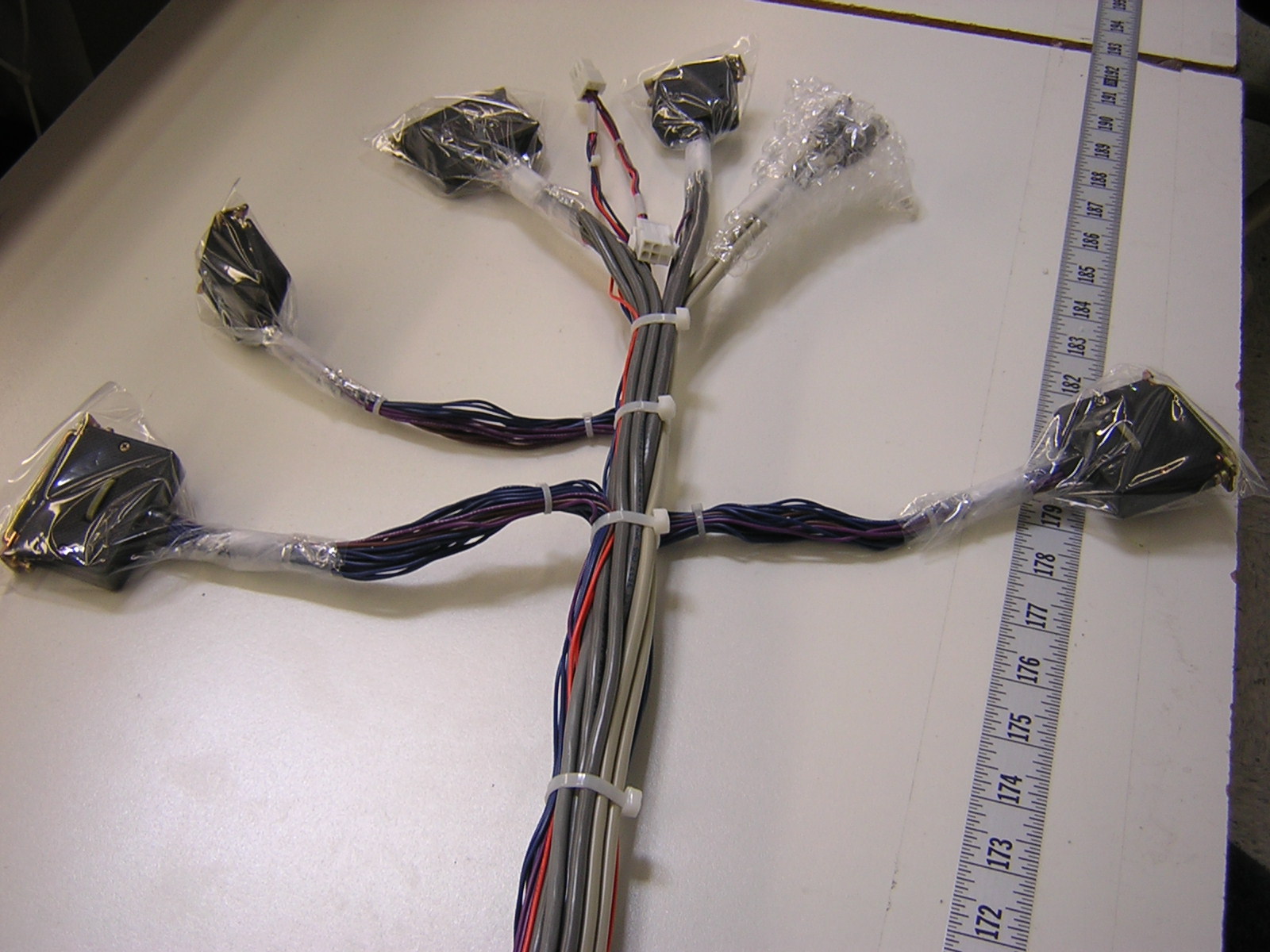 Cable harness laid out beside a measuring scale