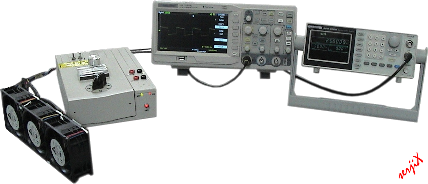In-house electronics test fixture with oscilloscope and signal generator